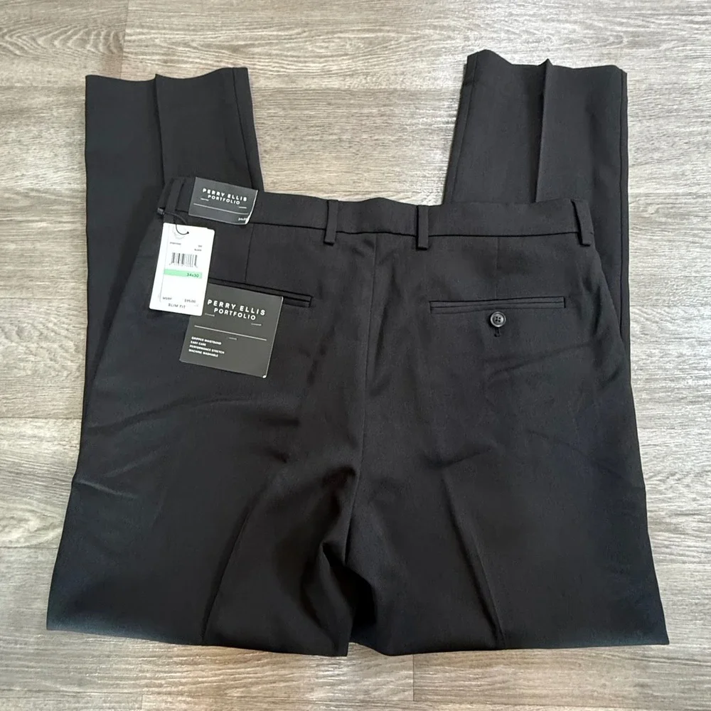 Perry Ellis Portfolio Mens Slim Fit Performance Stretch Dress Pants Black 34x30